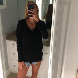 Long Sleeve Black Lace Up Top